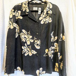 28. Emma James black with beige floral notched sleeves linen blend jacket sz 22W